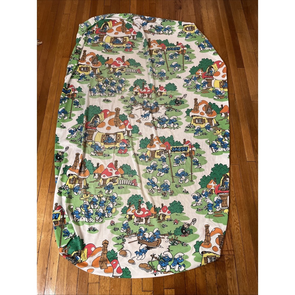 Vintage 80s SMURFS Lawtex Twin Fitted Bed Sheet USA Cotton Poly Retro Cartoon